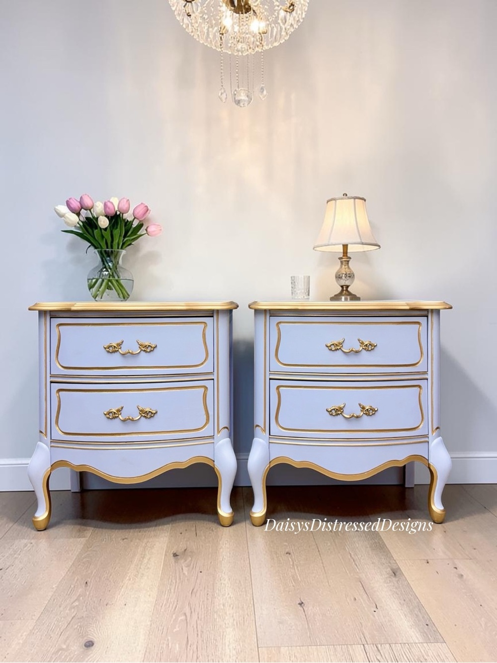 FRENCH PROVINCIAL NIGHTSTAND SET LAVENDER, WHITE AND GOLD